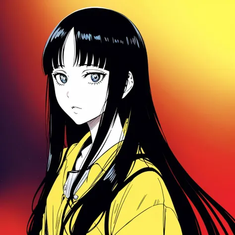 anime girl with long black hair and yellow shirt looking at camera