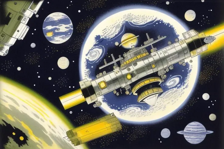 a childrens book illustration of a space station by  youwillgotothemoon3
trending on artstation,award winning,highly detailed,intricate,masterpiece,best quality,