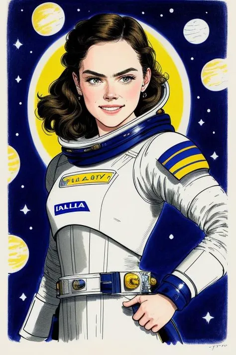 drawing of a daisy Ridley with long hair in a space suit, beautiful smiling by  youwillgotothemoon3
trending on artstation,award winning,highly detailed,intricate,masterpiece,best quality,