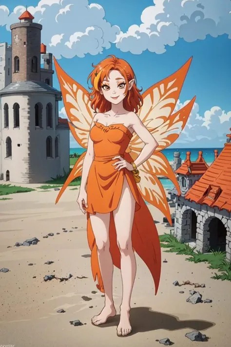 1girl,firefaerie,orange hair,multicolored hair,fairy wings,strapless dress,makeup,standing,facing viewer,full body,barefoot,smiling,((in fantasy city in clouds)),  <lora:My LORA:1>