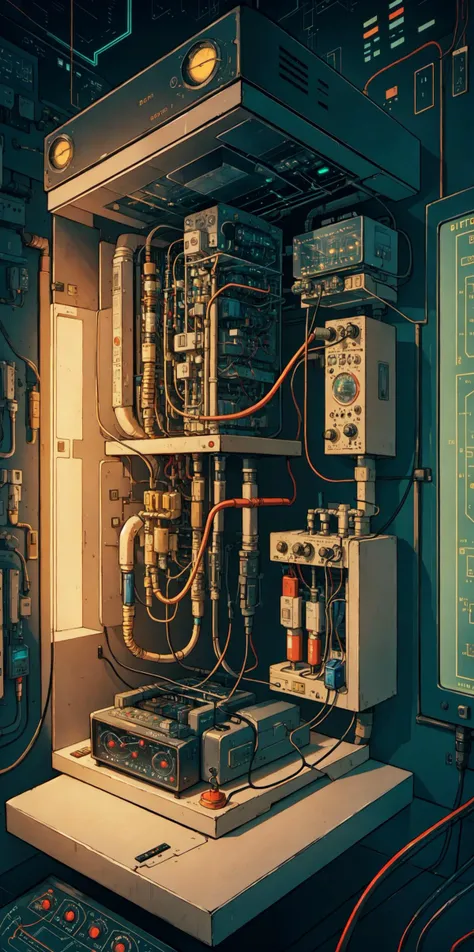 oil painting isometric diagram of a boxy flux capacitor with exposed vacuum tubes and an oscilloscope and digital display wiring electric glow