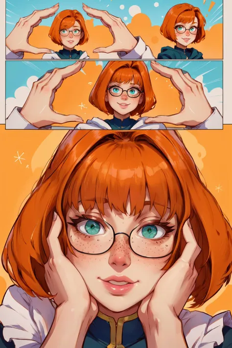 (masterpiece,best quality,absurdres,beautiful,aesthetic,detailed),comic,pov hands,1girl,happy,bob cut,orange hair,green eyes,bangs,glasses,happy, <lora:SnootChallenge:1> incrssnootchallenge