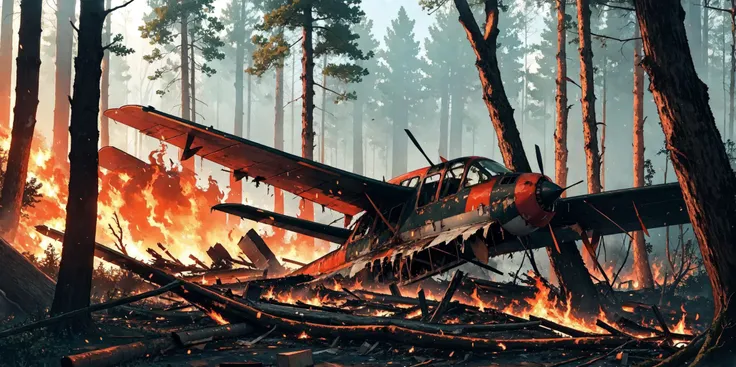 plane crash in a forest, fire and debris