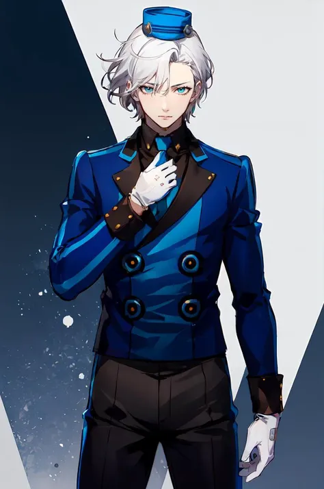 ultra detailed, masterpiece, best quality,
solo,
cowboy shot,
facing viewer,
 <lora:Velvet-Room-M-Outfit_Fp:1> velvetmoutfit, gloves, hat,
1boy, teal eyes, <lora:Tsurime3:1>, (tsurime:1.2), parted bangs, white hair, medium hair, straight hair, shoulder-len...