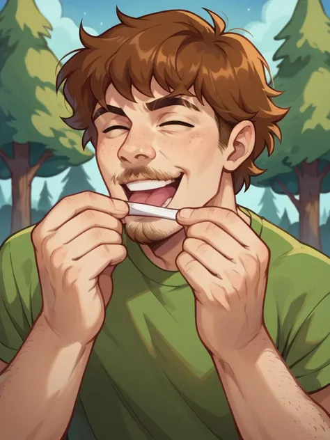 a close up of a person brushing their teeth in front of trees