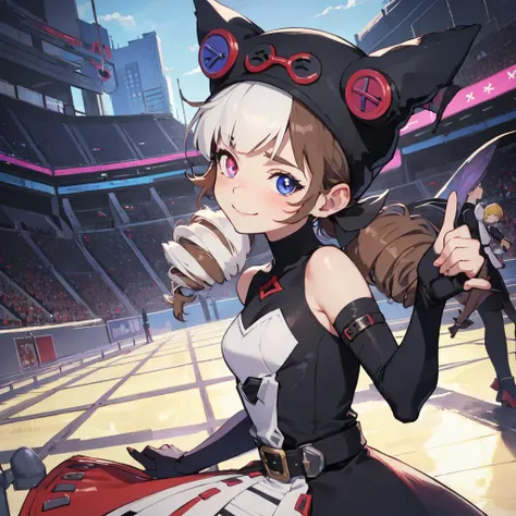 (detailed arena background), masterpiece, best quality, Soul_Fighter_Gwen, dress, multicolored_eyes, heterochromia, twin_drills ringlets, long_hair, black_headwear, elbow_gloves, smile,
<lora:Soul_Fighter_Gwen-15:0.89>