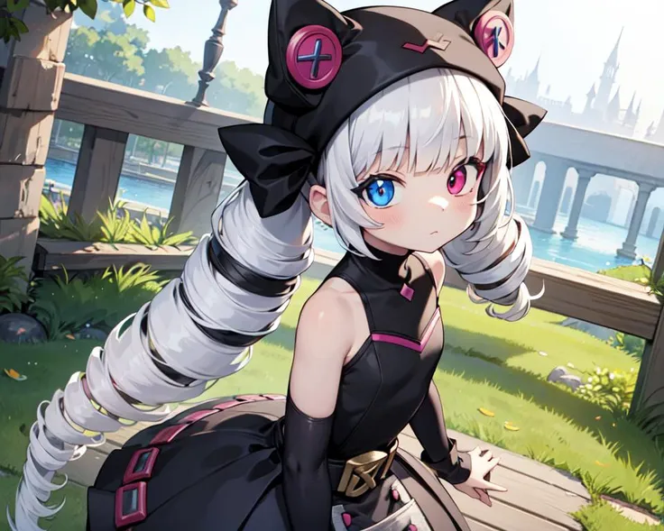 anime girl with cat ears and a black dress sitting on a bench