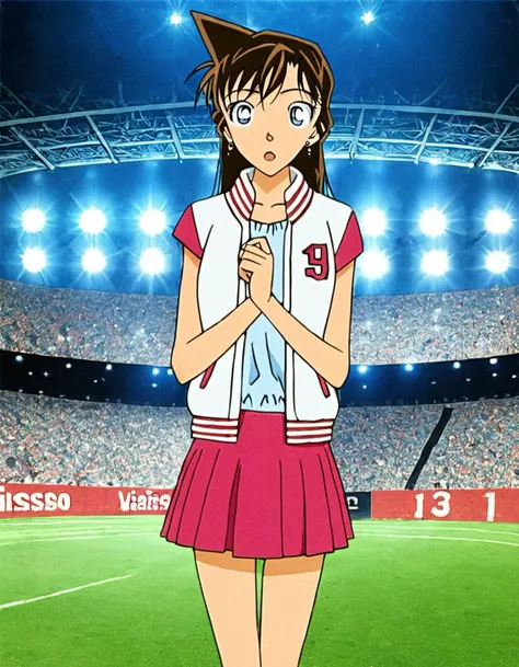 anime girl in a cheerleader outfit standing in front of a soccer field