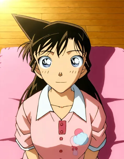 anime girl with black hair and a pink shirt sitting on a pink pillow