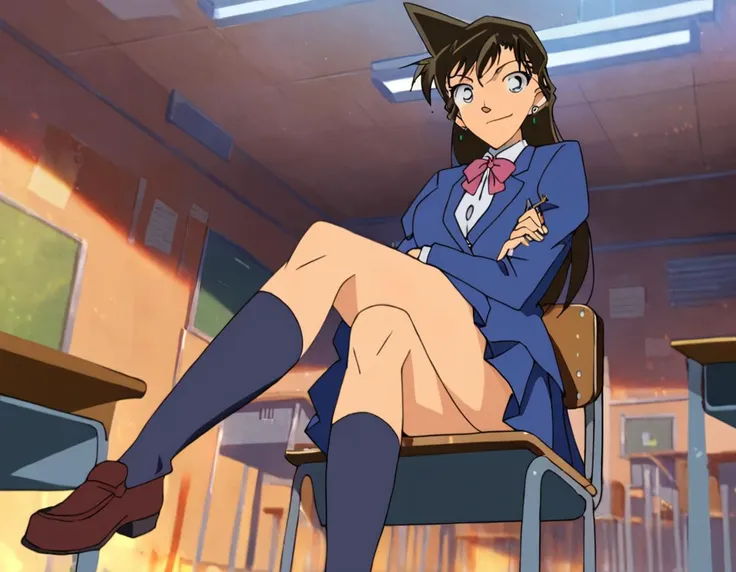 anime girl sitting on a chair in a classroom with a hat on