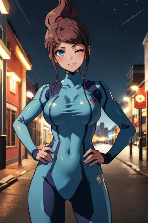 a woman in a blue suit standing on a street at night