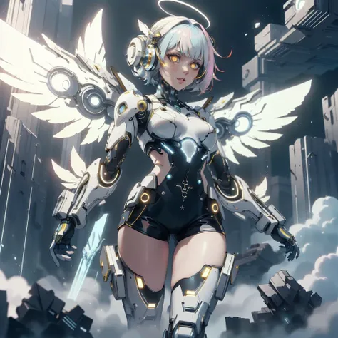 a close up of a woman in a futuristic outfit with wings