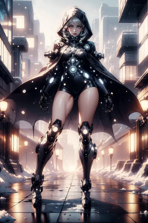 a woman in a black outfit and boots standing in a city