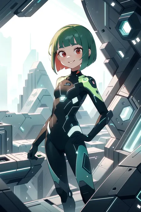 flat vector art , illustration,
closeup, small breasts, seductive smile,  best quality,
bob cut, red eyes, green hair,multicolored hair, aqua hair,
1girl,  standing in a scifi city, perfect face ,
<lora:LEDarrayTech-20:0.8> ledarraytech , scifi, geometrica...