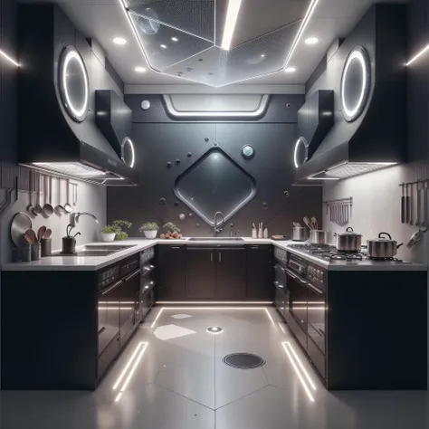 a close up of a kitchen with a lot of lights on the ceiling