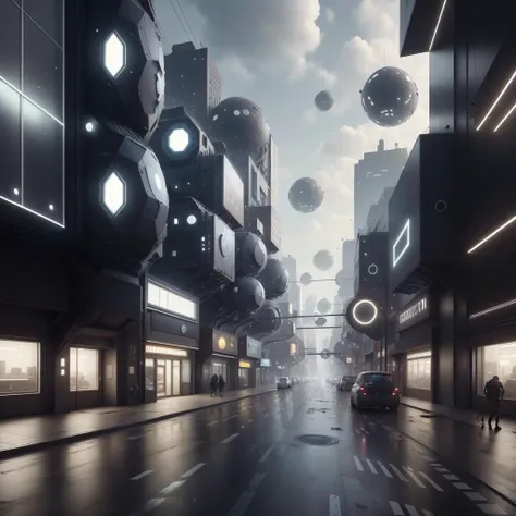 futuristic city street with cars and people walking on the sidewalk