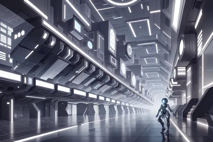 futuristic sci - fio scene of a man walking through a futuristic space station