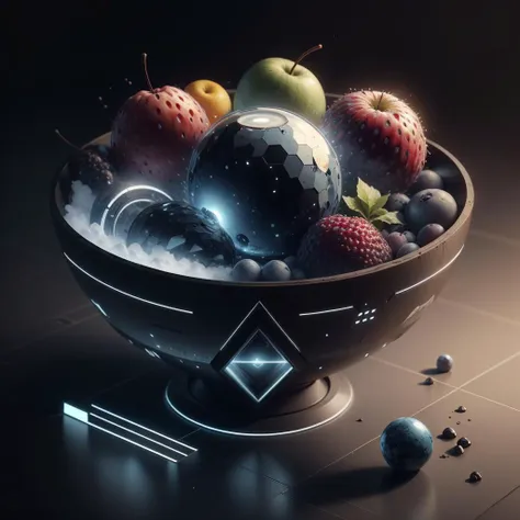 a close up of a bowl of fruit with a glowing sphere