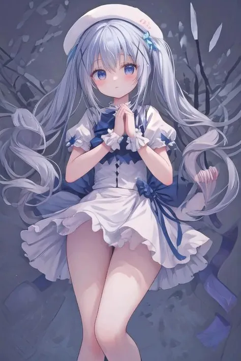 Magical Girl Chino,twintails, white headwear, x hair ornament, bowtie, blue footwear, blue ribbon,standing,upskirt,long legs,miniskirt,windy,praying, own hands together