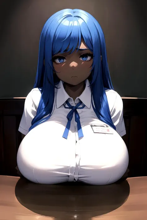 anime girl with blue hair sitting on a table with a laptop