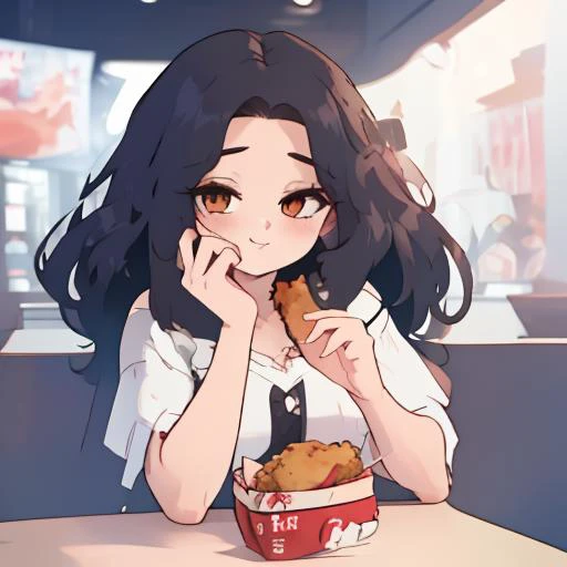 anime girl eating a fried chicken and a cup of coffee