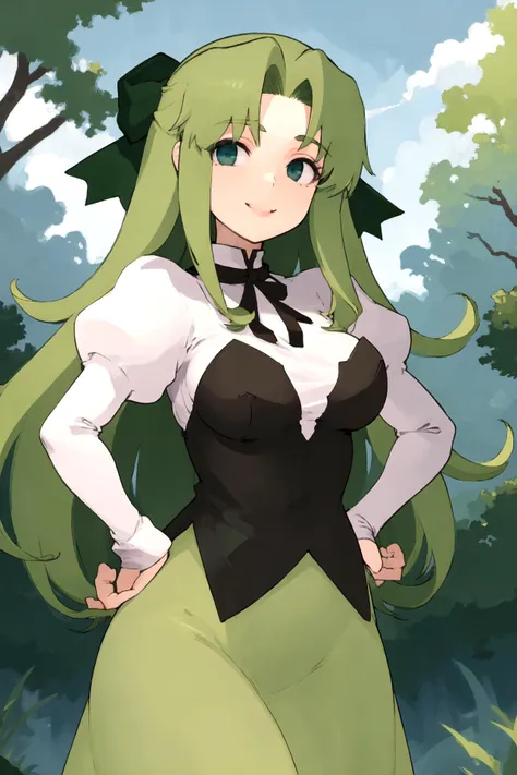 a woman in a green dress and black top standing in a forest