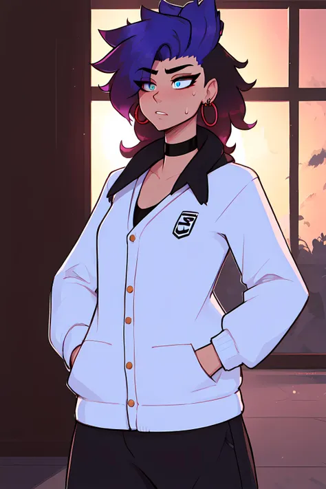 anime girl with purple hair and a white jacket standing in front of a window