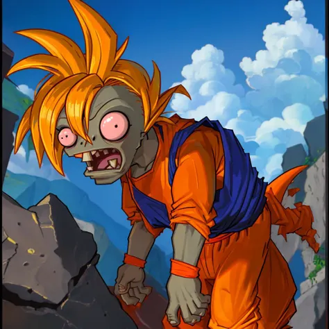 p vs.z\(zob\), son goku /(cosplay/), mouth open, dragon ball z, orange baggy pants, ripped blue shirt, parody, screaming, turnin...