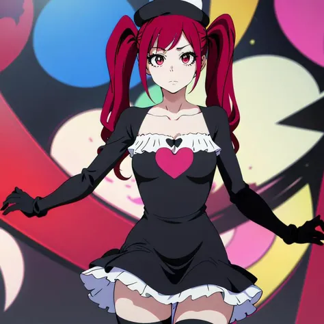 (masterpiece), thighhighs, hat, maid, long sleeves, gloves, dress, black dress, skirt, black skirt, collarbone, red hair, twintails, clothes,  (heart hands),  splashes of color, colors masking, :3, heart sign <lora:rirukadokugamine-lora-nochekaiser:1>