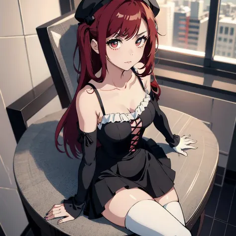 (masterpiece), thighhighs, hat, maid, long sleeves, gloves, dress, black dress, skirt, black skirt, collarbone, red hair, in container, (sitting in a heart shaped box), sitting inside a present, sitting inside a box <lora:rirukadokugamine-lora-nochekaiser:...