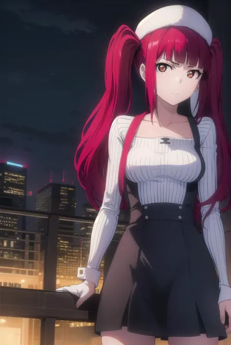 anime girl with red hair and sailor hat standing in front of a city skyline