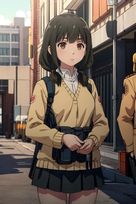 ultra detailed, sharp focus, best quality, masterpiece, <lora:HinoAkira:0.8> HinoAkira, low twintails, solo, war zone, tanks in the background, military uniform, masterpiece, intricate details, outdoors, explosions, city ruins