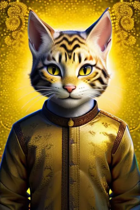 a close up of a cat wearing a gold jacket and a golden background