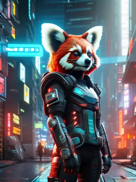 male red panda, cyberpunk, futuristic, sci-fi, octane render, 8k, sharp focus, hyperrealism, 4k uhd, masterpiece, cinematic lighting, hard shadows, beautiful, smooth, detailed eyes, dark