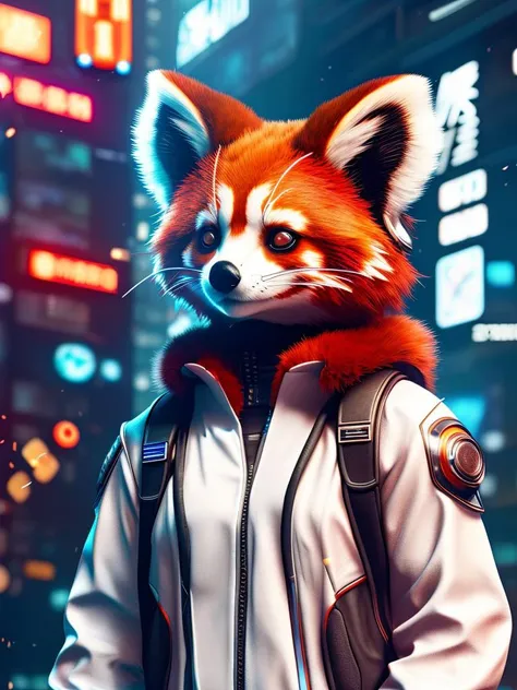 a red panda in a white jacket standing in front of a neon city