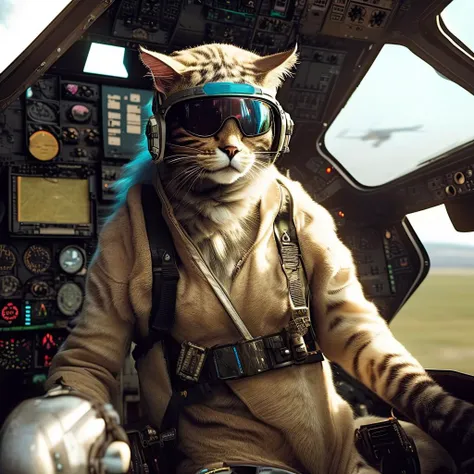 araffe cat wearing goggles sitting in a cockpit of a plane