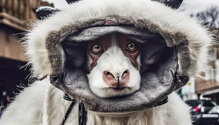 a (close-up:1.3) photo of a cute sexy sheep-woman hybrid riding a bike, woman with fur-skin, wide shot, sense of awe and scale <...