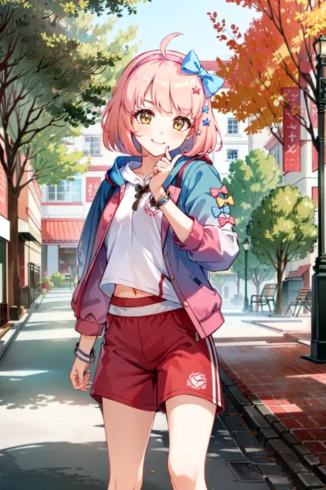 anime girl walking down the street in a short skirt and jacket