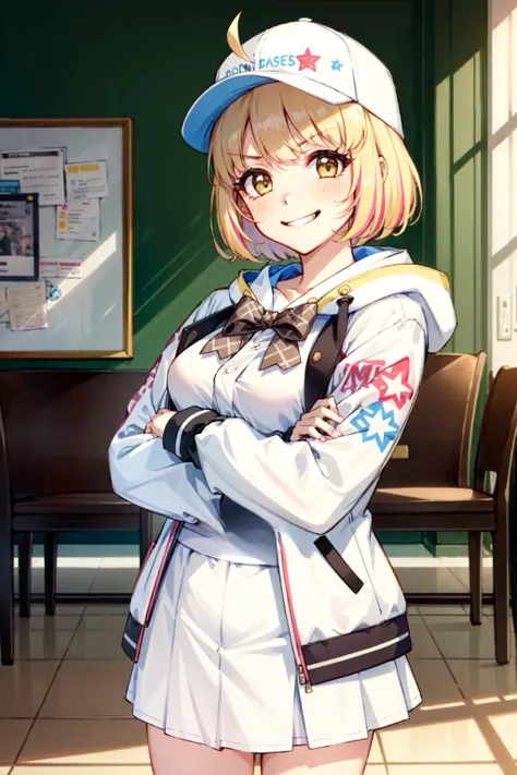 anime girl in uniform standing in a room with a chair