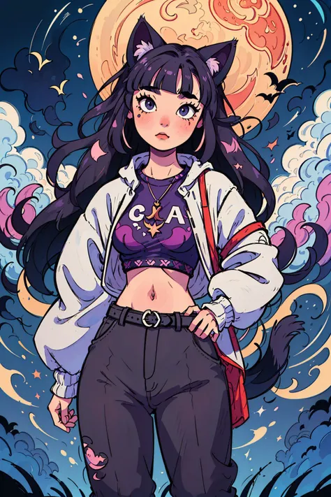 <lora:Mix patterns:0.8>, (best-quality:0.8), perfect anime illustration, 1girl, mix pattern, fashion, illustration, mystical, masterpiece, best quality, waist up, black and purple split dye hair, blunt bangs, cat pattern, witchy aesthetic, moon and stars, ...