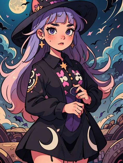 <lora:Mix patterns:0.7>, (best-quality:0.8), perfect anime illustration, 1girl, mix pattern, fashion, illustration, mystical, masterpiece, best quality, cowboy shot, black and purple hair, blunt bangs, long hair, witchy aesthetic, moon and stars, night sky...