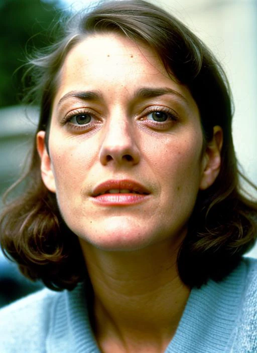 A stunning intricate color close up portrait of (sks woman:1) , wearing Skirt and a sweater, epic character composition, sharp focus, natural lighting, subsurface scattering, f2, 35mm, film grain, , by William Eggleston, <lora:locon_marioncotillard_v1_from...