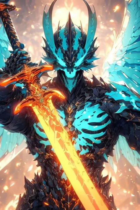 (hailoknight, Solo, 1boy wearing turquoise armor, turquoise skeleton helmet, glowing turquoise eyes, turquoise wings, holding giant orange energy sword infront of him, holding sword:1.3), (simple glowing background:1.25)<lora:add_detail:0.3>, <lora:hailokn...