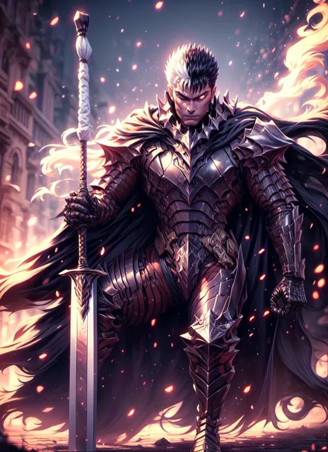 highres, <lora:Style-add_detail:1>,High quality,(Beautiful), ((masterpiece)),vibrant colors,1boy, guts (berserk), male focus, arms, biceps, strong muscles,scar on face, short black hair,  bandages,right eye closed, patch of white hair,<lora:berserk_guts:1>...