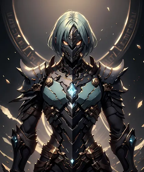 a woman with blue hair and armor standing in front of a dark background