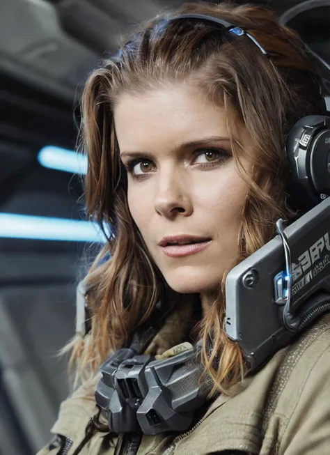 close up photo of sks woman, rugged space trucker, inside industrial spaceship, futuristic science fiction, action scene, digital concept art, realistic, intricate detailed textures, filmic, cinematic, environmental character portrait, <lora:locon_katemara...