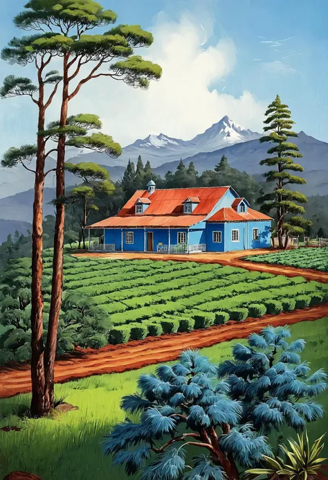 (blue hacienda in the lower half of the picture:1.2), farmhouse, blue walls, pine tree forest, Chile, farm background,  <lora:Walt_Otto_Style:1.1>, highly detailed, illustration, beautiful, farm