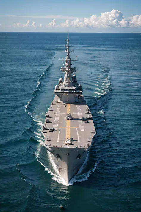 battlecruiser, ship, ships, warship, sea, island, sky island, no humans, cloud, watercraft, military vehicle, military, ocean, water, aircraft carrier, day, original, water drop, outdoors, (realistic, realistic_background, high_resolution, distinct_image:1...