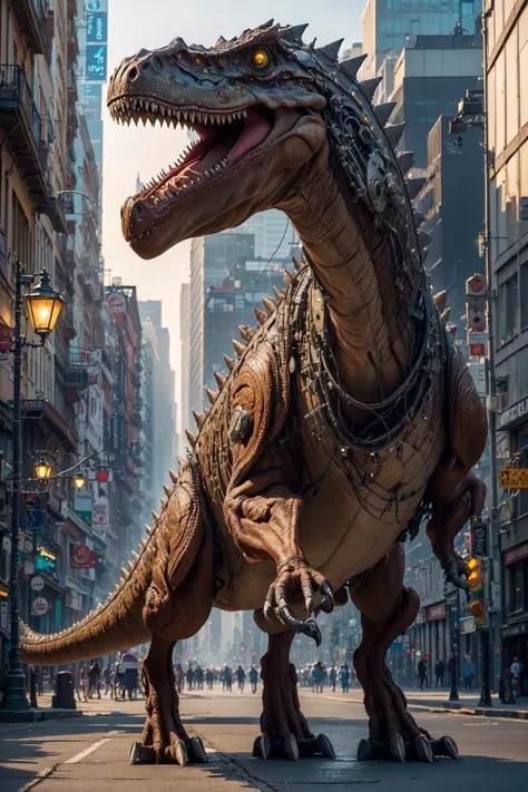 araffe in a costume of a dinosaur on a city street