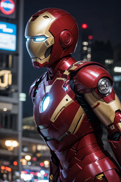 1 girl, gigantic breasts, solo, city, night, distance, nightlife, full_suit, iron man, (flying, engine, booster, iron man helmet, flame, bomb:1.4), (realistic, realistic_background, high_resolution, distinct_image:1.2), (extremely intricate, detailed light...